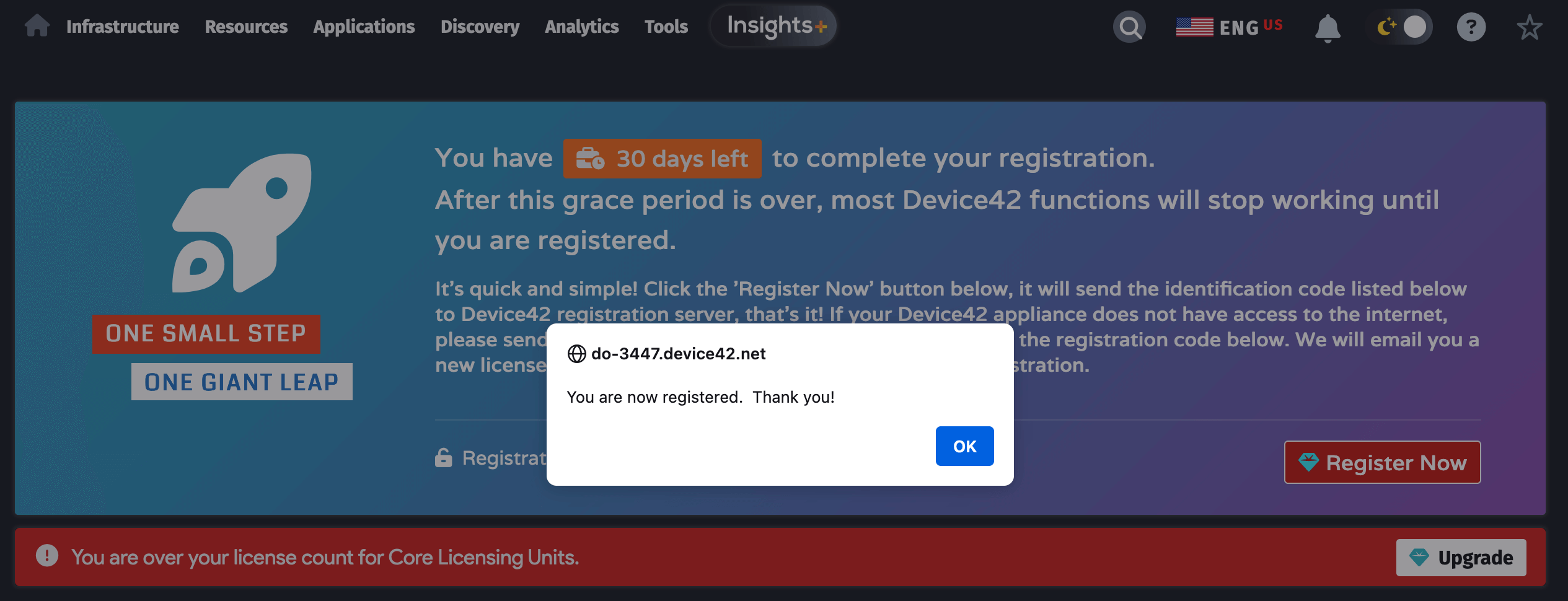 Registration success message