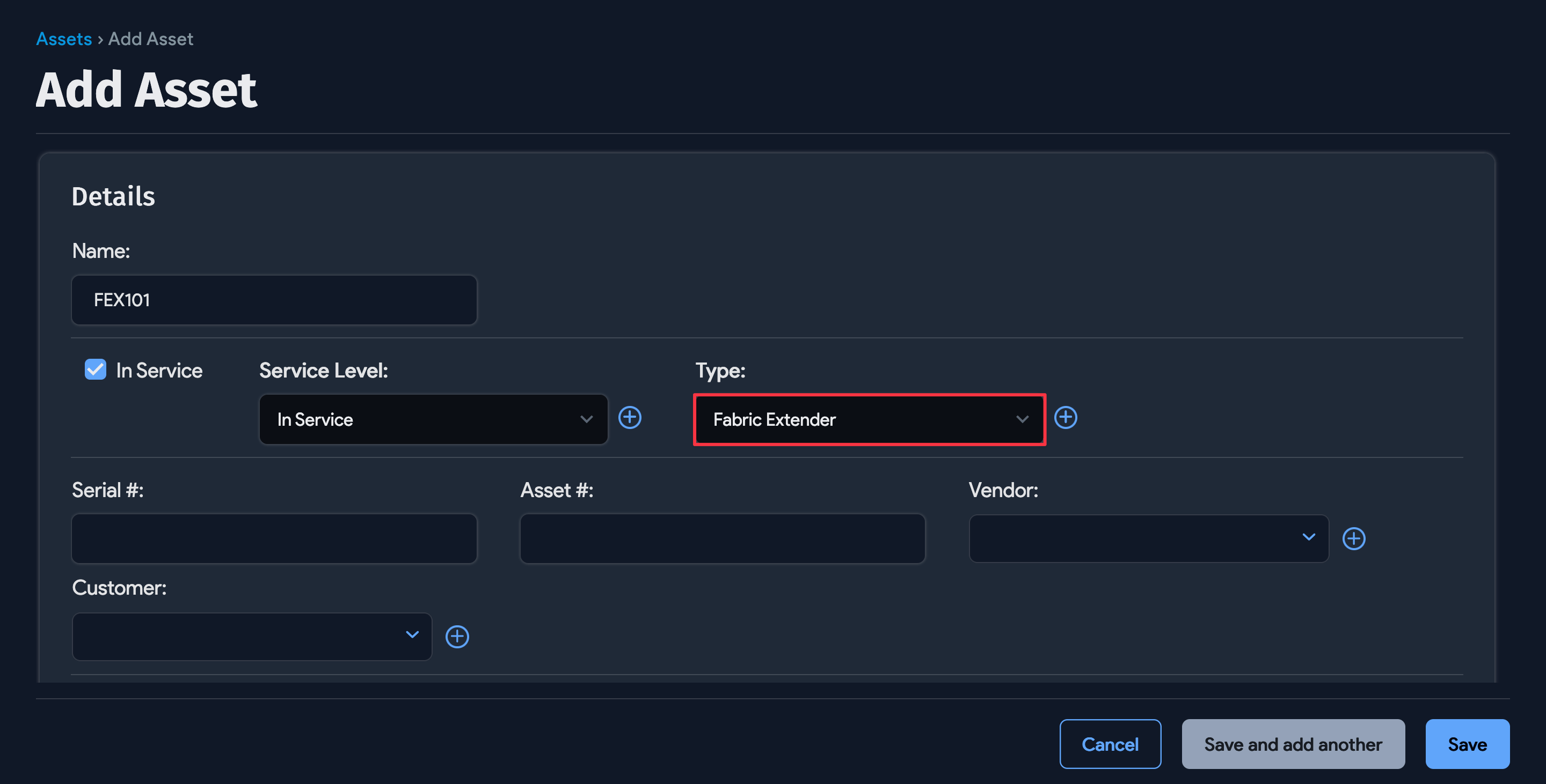 Add asset with Fabric Extender type