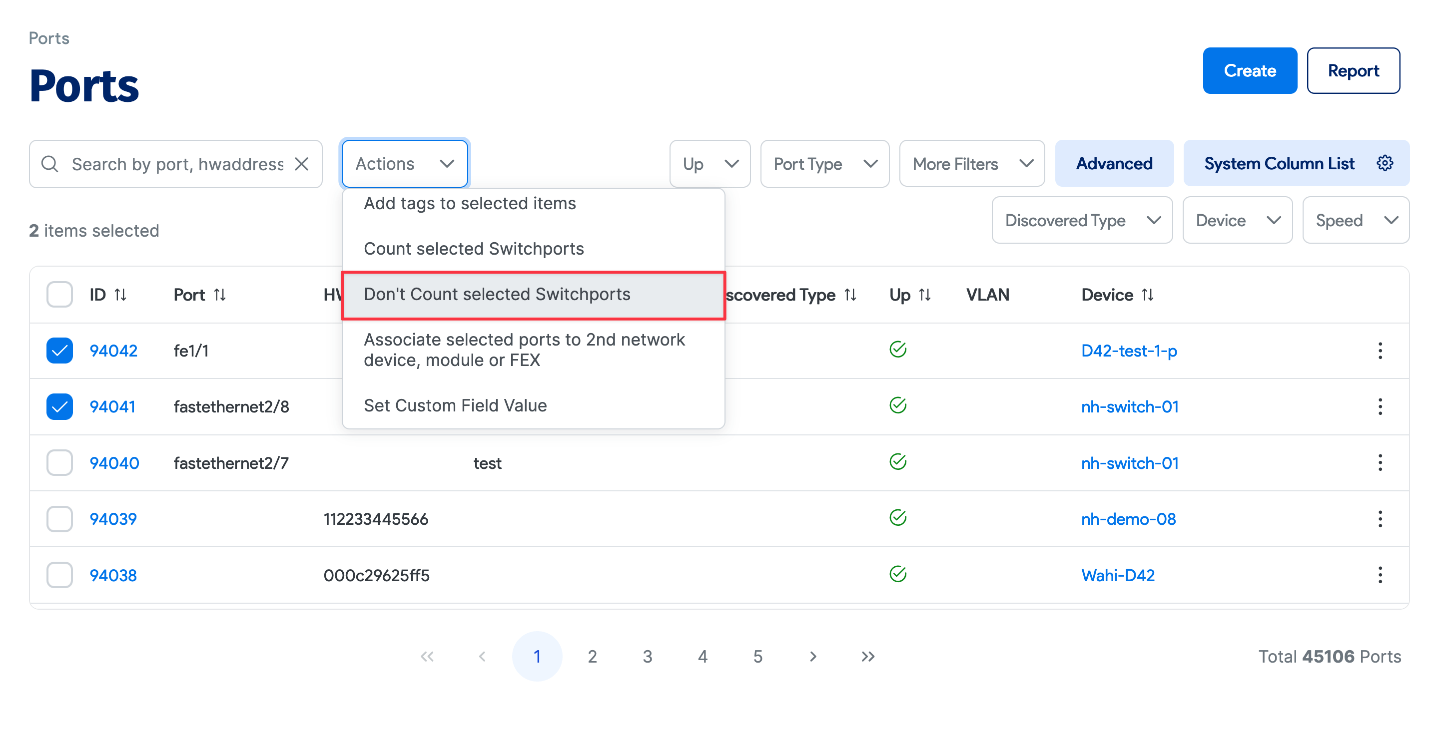 Switch port action menu