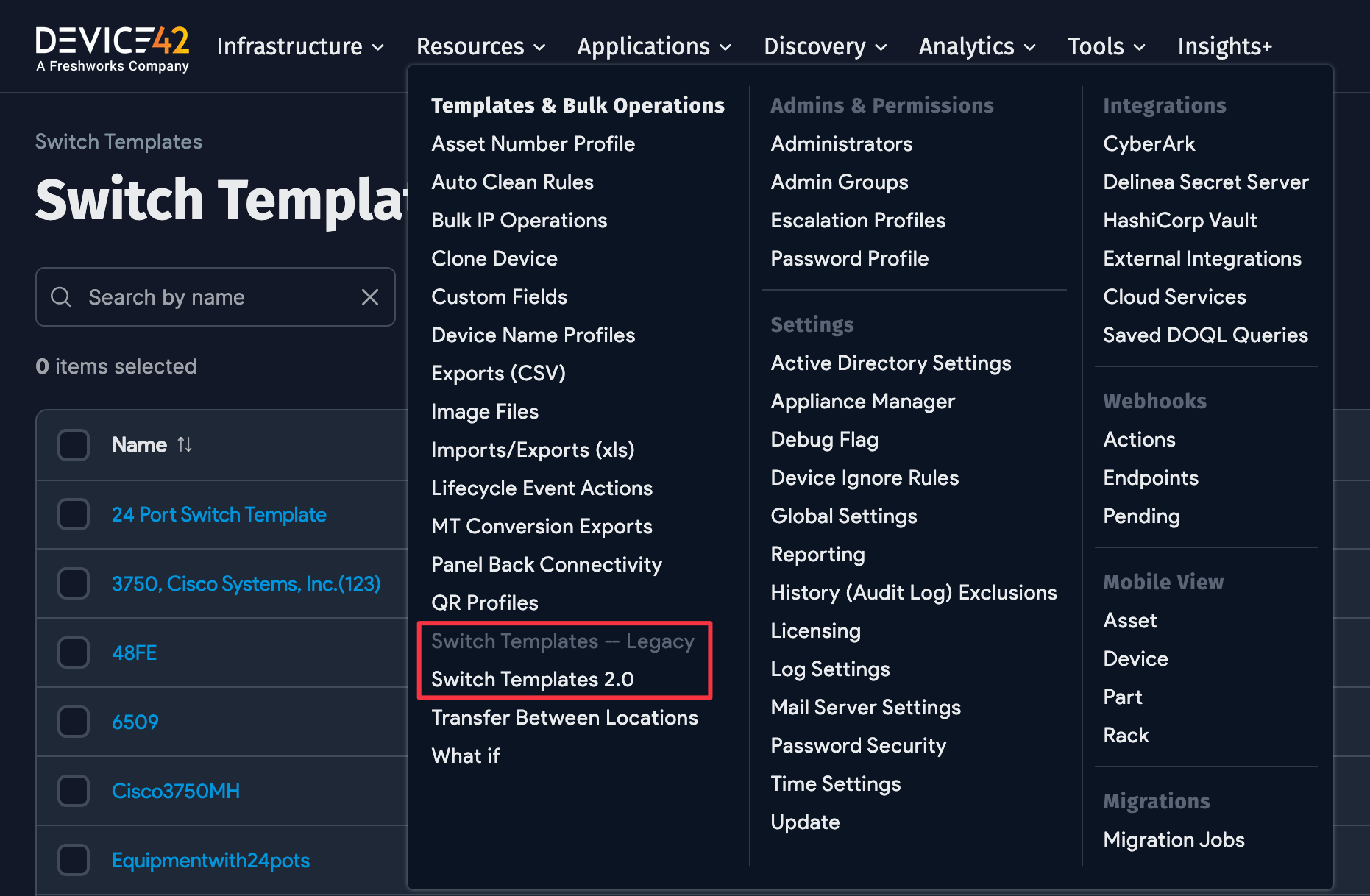 Switch template menu