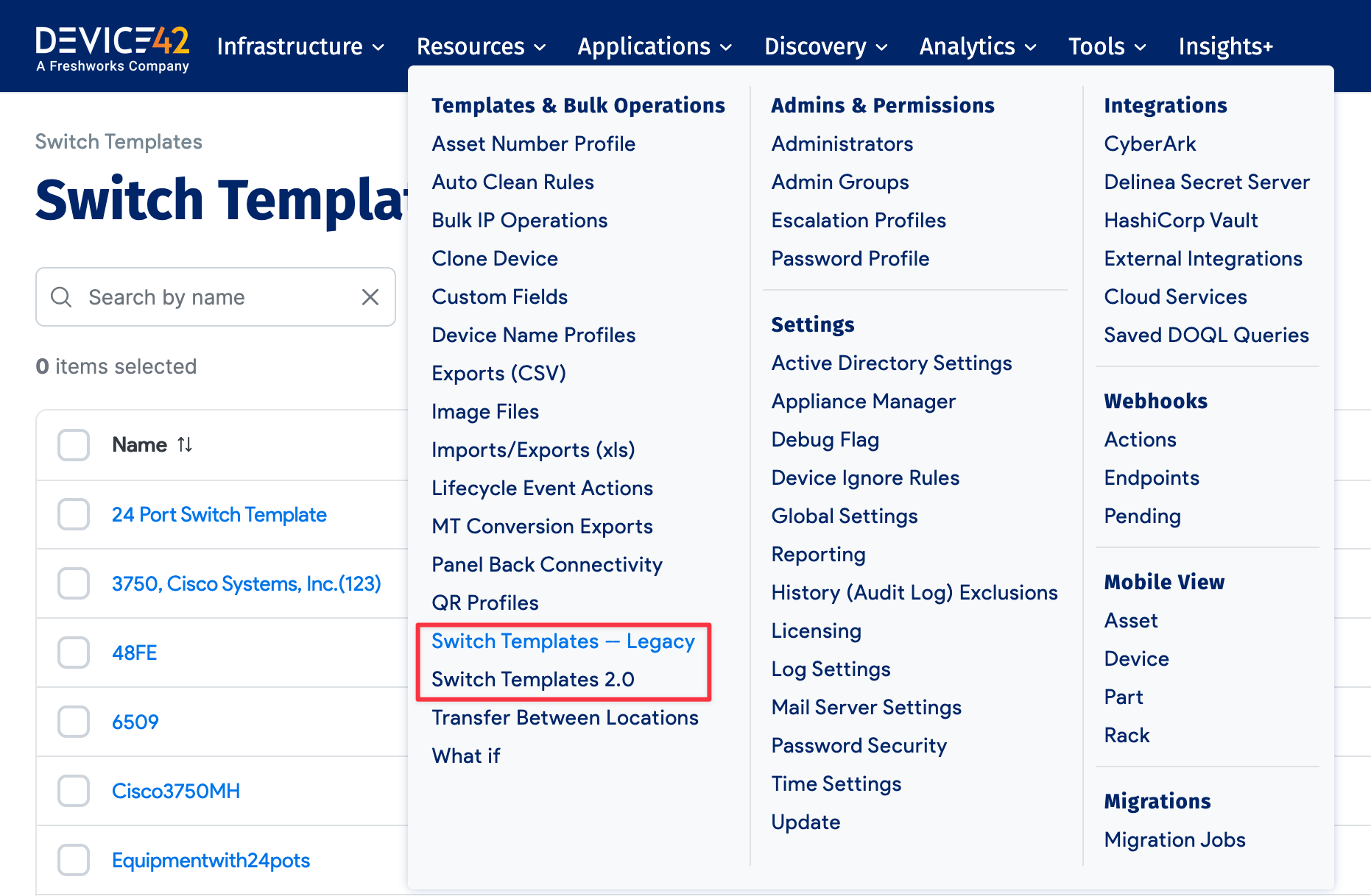 Switch template menu
