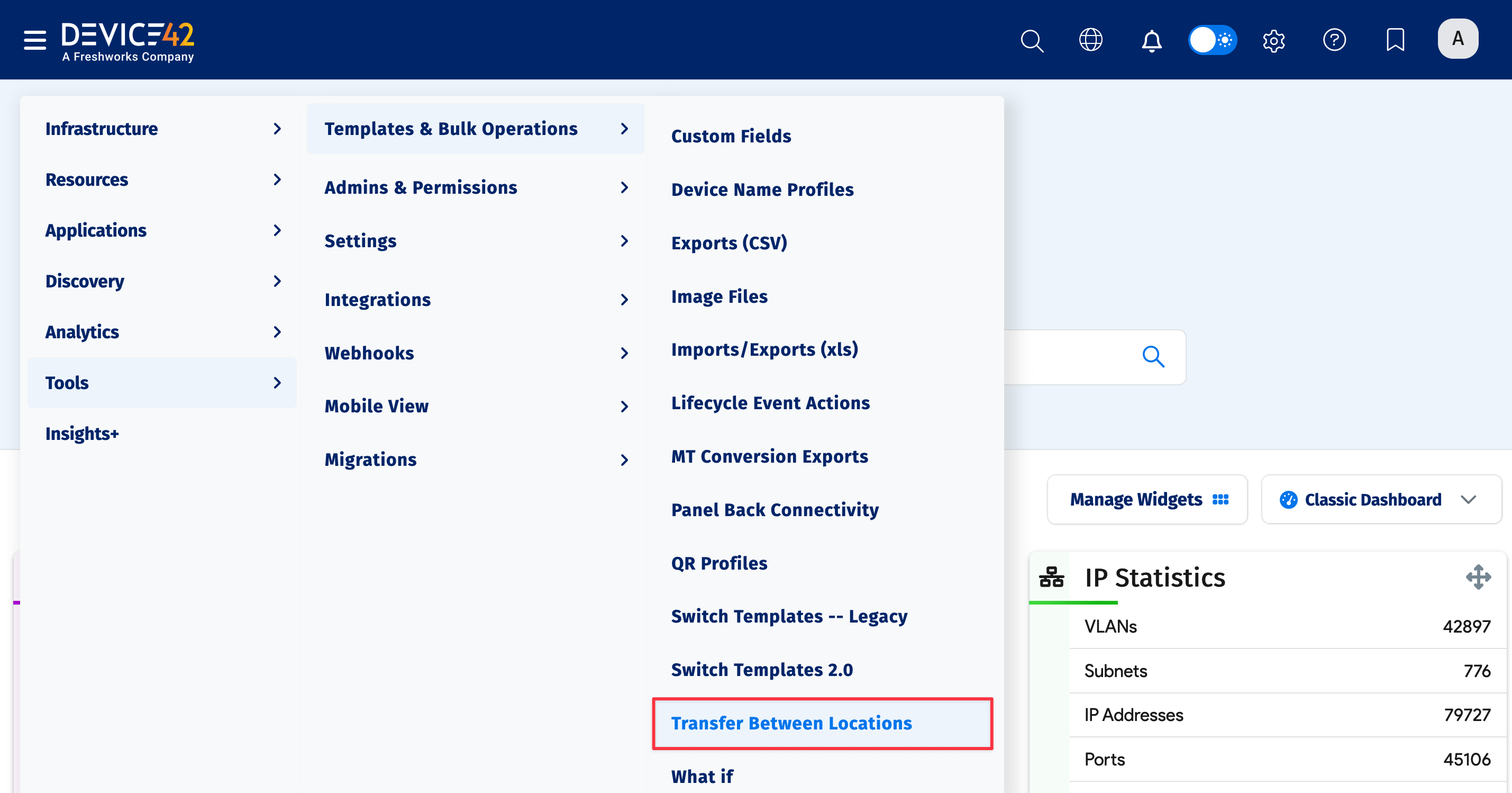 Transfer Between Locations menu location