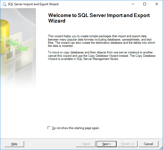 SQL Server import export wizard welcome