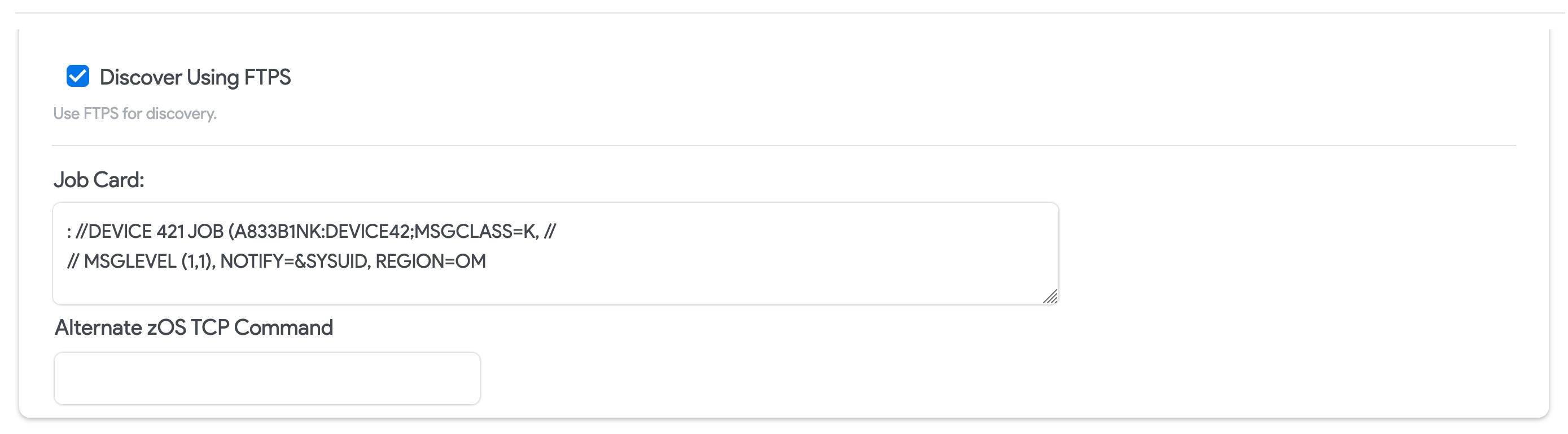 FTPS, Job Card, and command fields